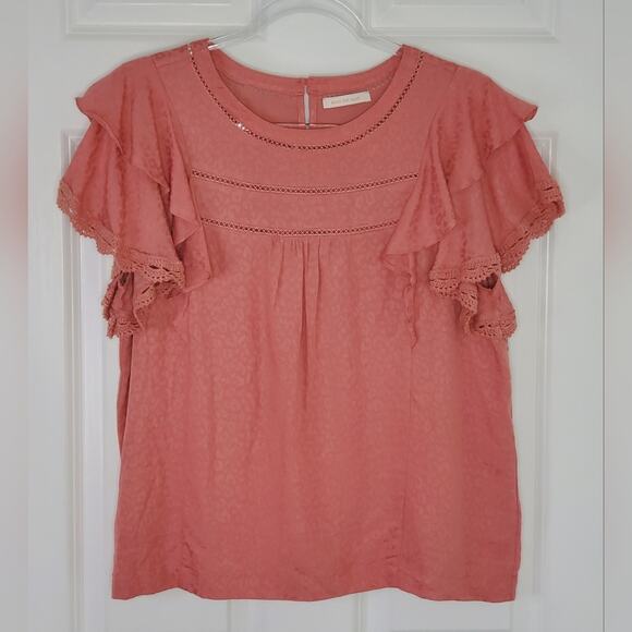 Skies Are Blue Crochet Flutter Ruffle Short Sleeve Top Warm Mauve Size Medium - Picture 1 of 7